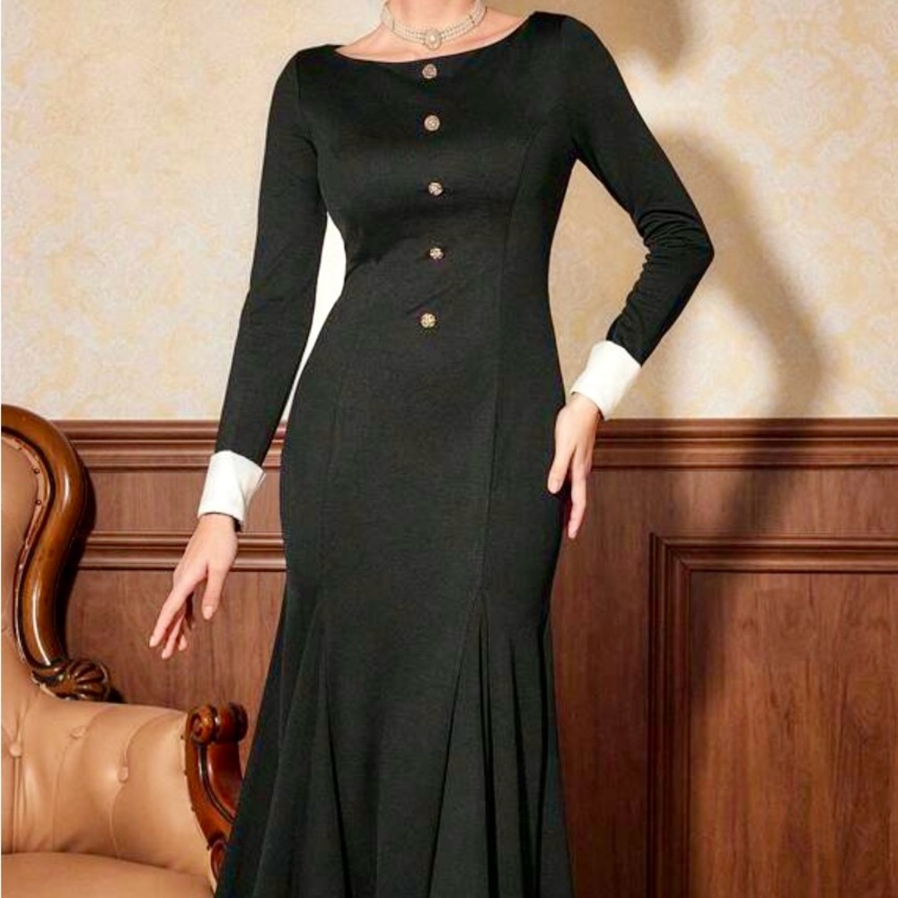 SHEIN Button Decor Contrast Color Cuff Asymmetric Hem Dress